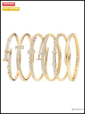 6 Pc Stackable Zinc Alloy Rhinestone Bangle Bracelet Set for Women